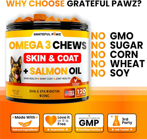 Omega 3 Fish Oil for Dogs Chews - Allergy Relief, Anti-Shedding Supplement, Joint Health, Salmon Oil