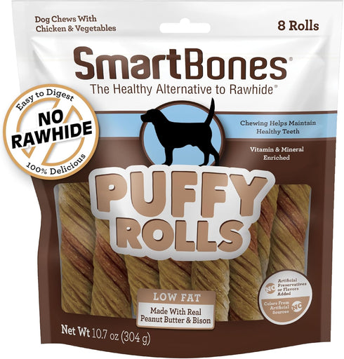 Smartbones Puffy Rolls Chews for Dogs, 8 Count, Rawhide-Free Chews with Real Peanut Butter and Bison