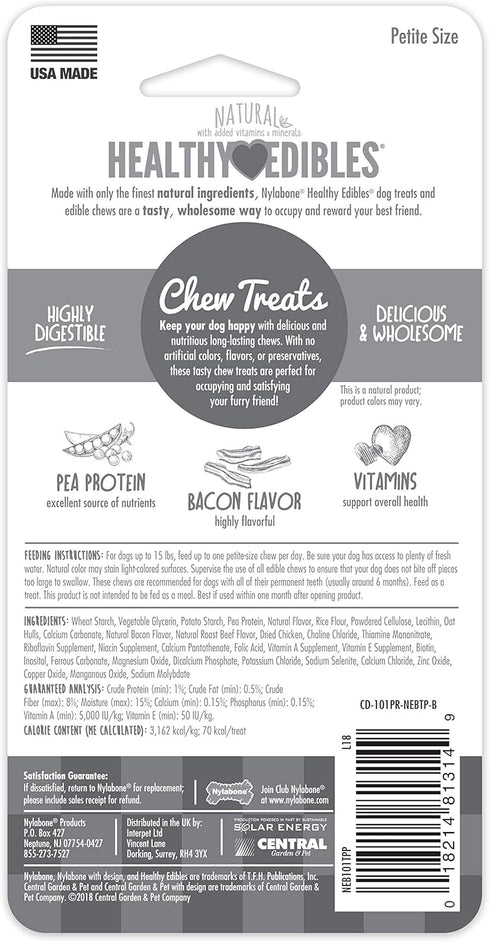Nylabone Healthy Edibles Natural Dog Chews, Long Lasting Bacon Flavor Treats, X-Small/Petite (2 Count)