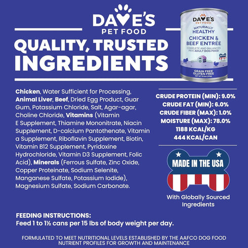 13.2 oz (12 Pack) Dave's Pet Food Wet Dog Food & Topper (Chicken & Beef), Made in USA Naturally Healthy Canned