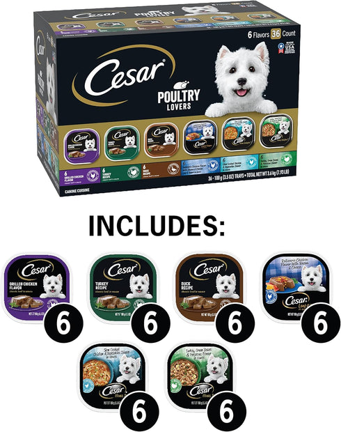 CESAR Adult Wet Dog Food Classic Loaf in Sauce, Poultry Lovers Variety Pack, 3.5 oz. Easy Peel Trays, Pack of 36