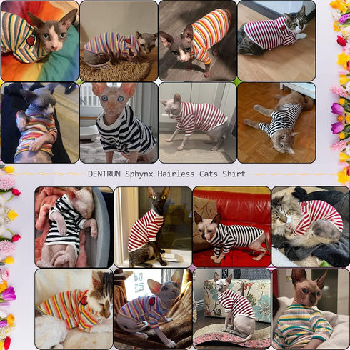DENTRUN Hairless Cats Shirt, Breathable Daily Wear Clothes, Stripe Vest, Adorable Pajamas Jumpsuit