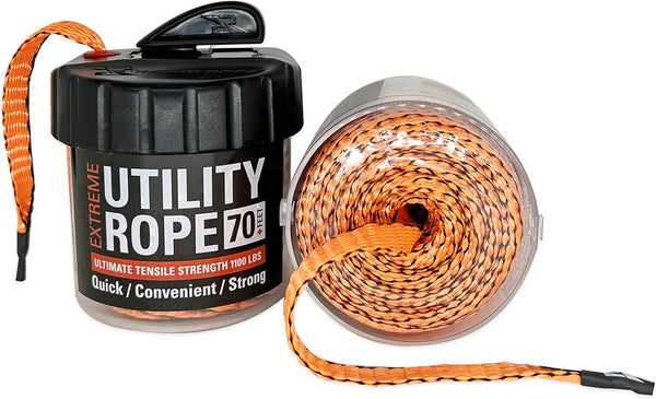 Rapid Rope Canister 70ft - Orange Flat Tactical Paracord, 1100lb Tested Heavy Duty Poly Rope with Non-Tangle Dispenser