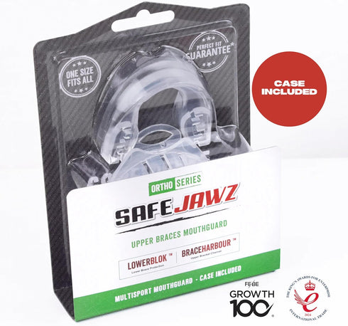 SAFEJAWZ Mouthguard for Braces, Remoldable Upper & Lower Protection Mouth Guard with Case for Contact Sports, One Size