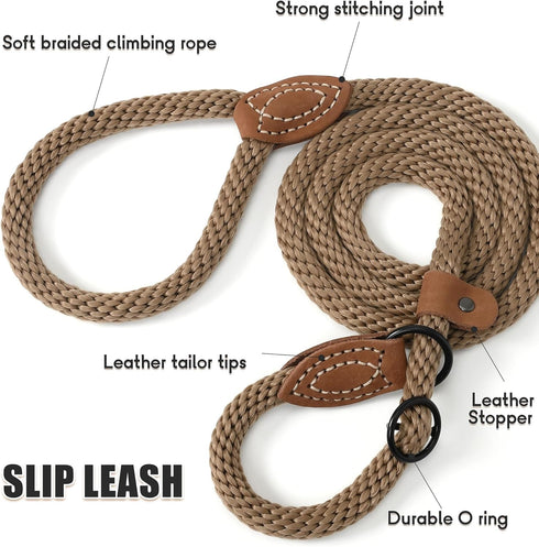 Mile High Life Heavy Duty Slip Leads for Dogs, 5 Feet No Pull Dog Training Leash with Leather Tip, Brown Rope Lead