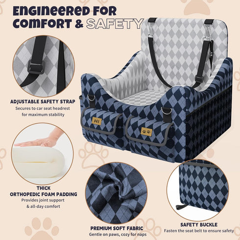 COZEER 35lbs, 4-Pocket Dog Car Seat for Small/Medium Dogs up to Storage Memory Foam Dog Booster Seat, Detachable
