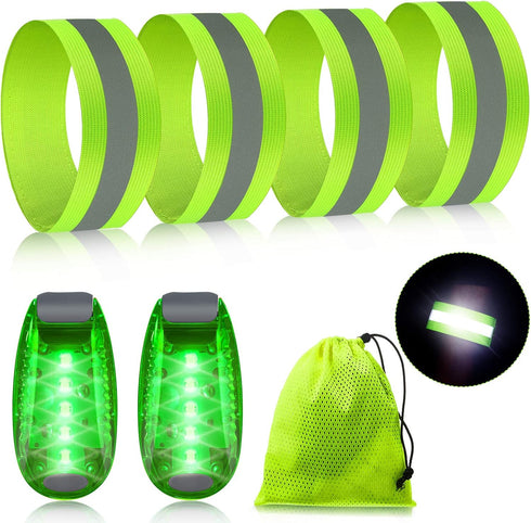 Reflective Running Gear Set - 2 Pieces LED Safety Lights and 4 Reflective Bands for Wrist, Arm, Ankle, Leg