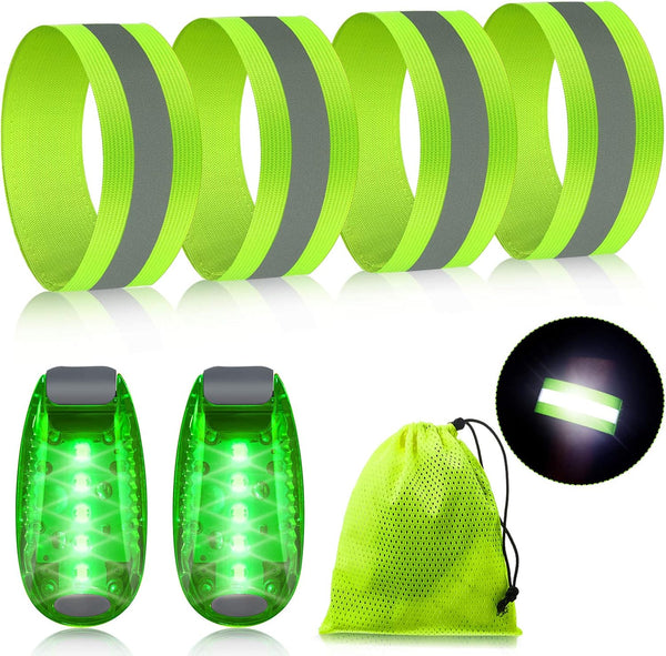 Reflective Running Gear Set - 2 Pieces LED Safety Lights and 4 Reflective Bands for Wrist, Arm, Ankle, Leg