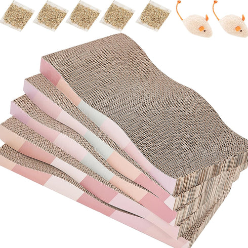 Cardboard Cat Scratchers, 5pcs Reversible Large Wide Cat Scratching Pads for Indoor Cats with Catnip and Mini Toy