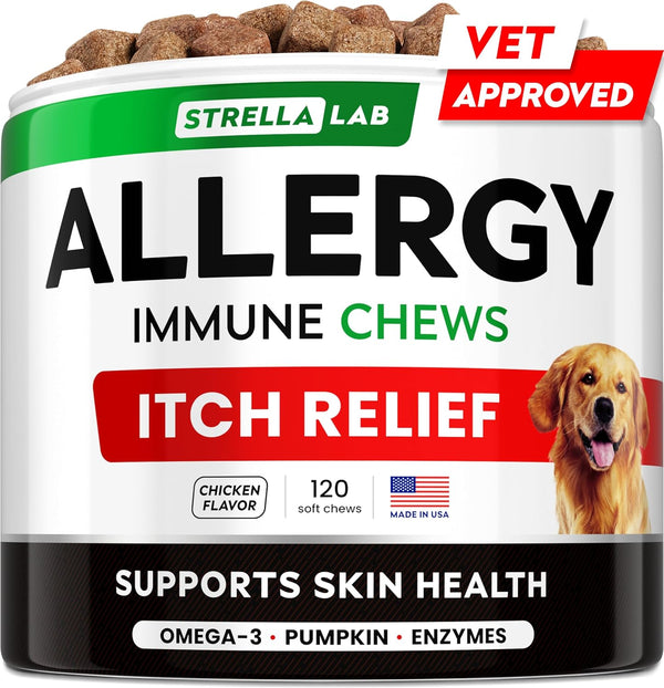 StrellaLab Dog Allergy Relief Chews, Anti Itch Support w/Omega 3, Skin & Coat Immune Supplement, 120Ct