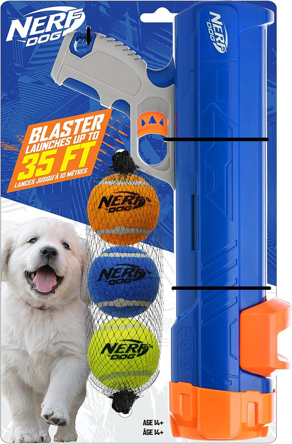 Nerf Dog 12in Blaster without Ball Clip - 3 Squeak Tennis Balls, Opaque Blue/Orange/Gray, Orange, Blue, Green