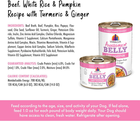6oz (Pack 8) Weruva Awesome Belly Wet Dog Food, Beef & White Rice, Can