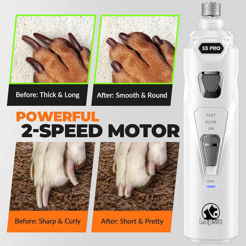 Dog Nail Grinder with 2 LED Lights, Powerful 2-Speed Nail Trimmers with 3 Grinding Wheels for Pet Nail Care