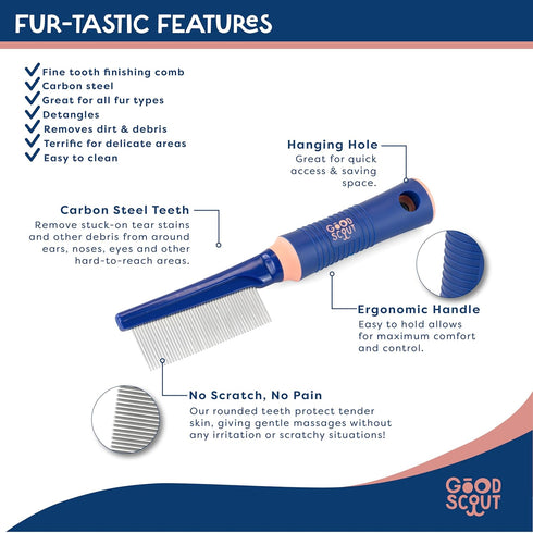 Good Scout Carbon Steel Fine-Tooth Pet Hair Comb - Best Deshedding Tool for Dogs & Cats, Gentle & Effective Grooming