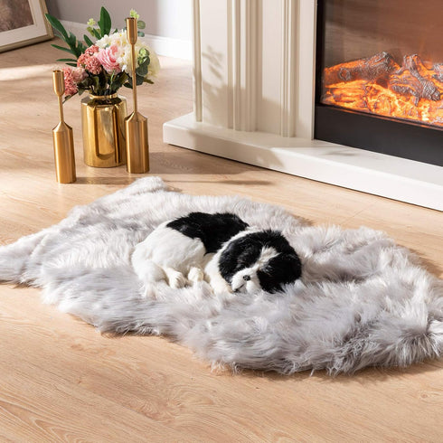 Faux Fur Dog Bed Rug, Plush Fluffy Ultra Cozy Pet Throw Rug for Dogs Cats, Luxury Soft Grey Sheepskin Rug, 24 by 36