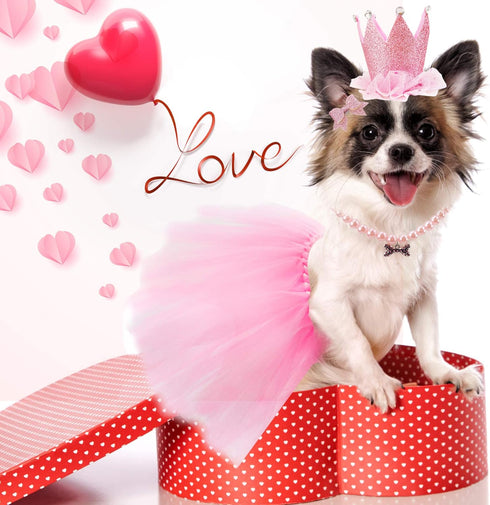 Dog Birthday Outfit Pink Tutu with Birthday Hat, Necklace & Bowtie Hairpin for Dogs (16-23 inch Wrist)