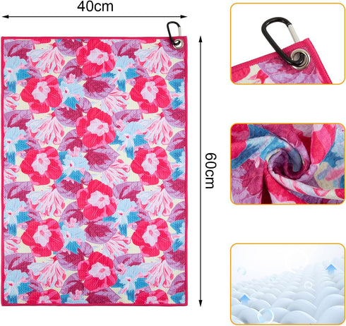 Pink Flowers Golf Towel - Womens Microfiber Waffle Golf Towels for Bags with Clip, Gifts for Women Golfer Wife