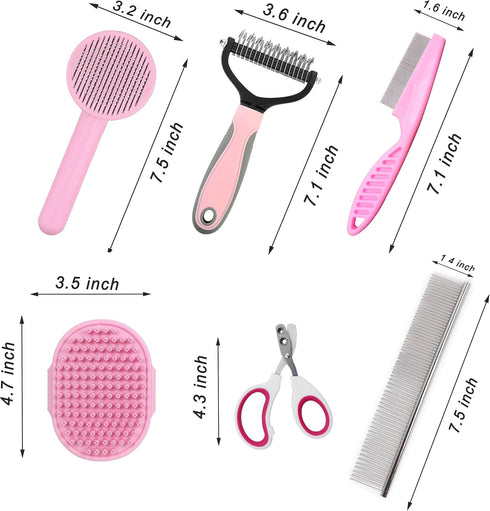 6 6-in-1 Cat Grooming Brush Kit Tools - Deshedding & Dematting for Long/Short Hair, Self-Cleaning Slicker Brush