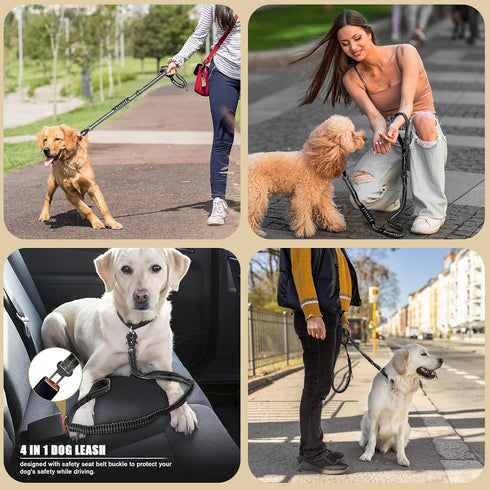 4-6FT Heavy Duty Dog Leash for Large Dogs, Shock Absorbing Bungee with 2 Padded Handles and Car Seatbelt
