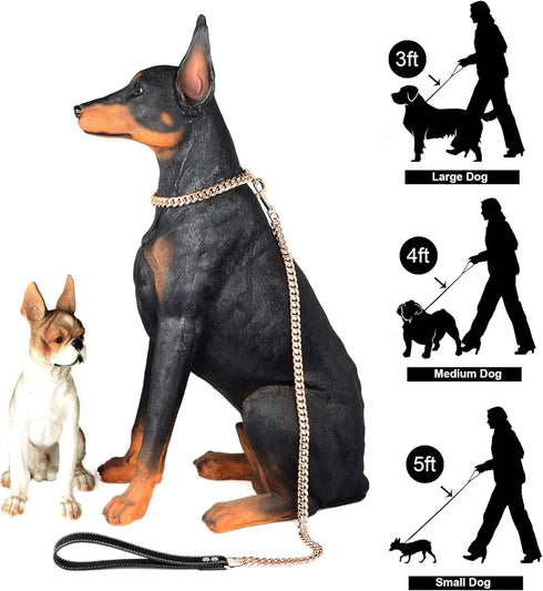 Dog Chain Leash - Rose Gold 15MM Heavy Duty with Leather Padded Handle, 5ft Length for Small Dogs