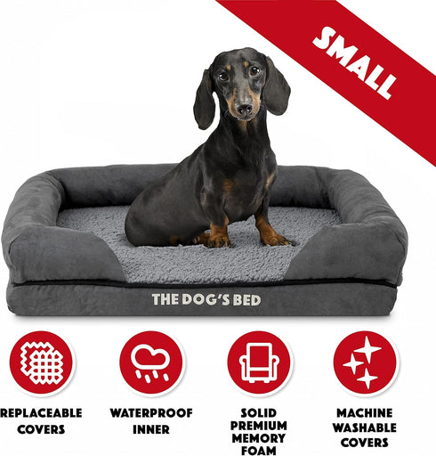 The Dog’s Bed Orthopedic Small Plush Grey Dog Bed, Memory Foam for Pain Relief, Waterproof Washable Cover
