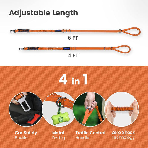 IOKHEIRA Orange Leash for Large Dogs, Multifunctional Adjustable Heavy Duty Leash