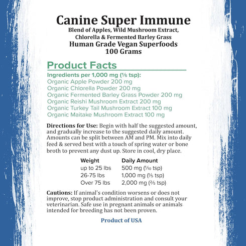 Canine Super Immune Human Grade Powdered Dog Immune Booster with Beet, Chlorella, & Medicinal Mushroom Blend (100g)