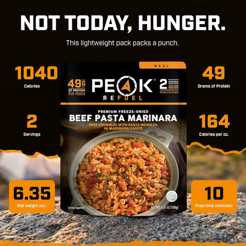 49g 1040 100% Backpacking 2 (2 Peak Refuel Beef Pasta Marinara | Protein | Calories | Real Meat | Premium Freeze Dried