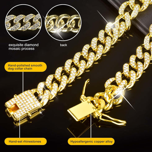 Dog Chain Collar, Diamond Link Walking Necklace with Secure Buckle for Small Medium Large Dogs Cats (Gold, 10 Inch)