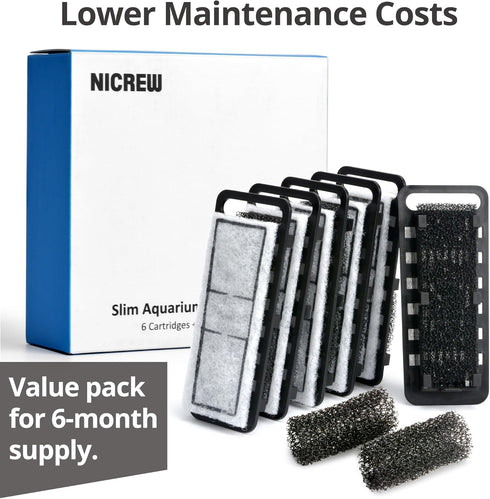 NICREW Slim Aquarium Filter Cartridges (6 pcs) with 2 Intake Sponges for Fish Tank
