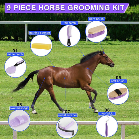 9-Piece Set Complete Horse Grooming with Tote Bag - Essential Tools for Beginners (Purple)