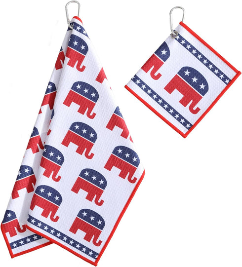 Republican Elephant Patriotic Golf Towel Set - Microfiber Waffle and Ball Towels with Clip for Women and Men