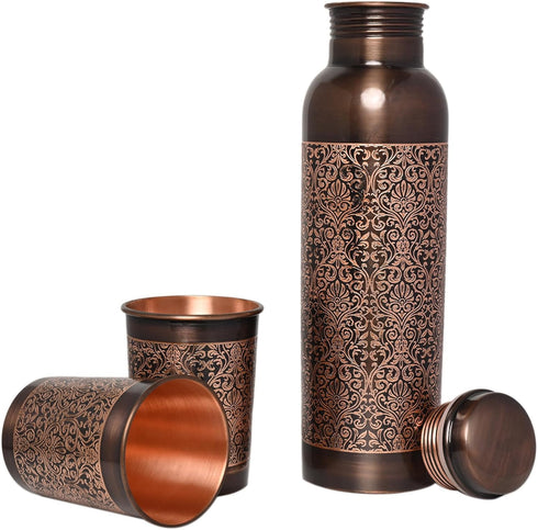 Pure Copper Water Bottle with 2 Tumblers Set, Beautiful Floral Pattern for Ayurveda Health Benefits