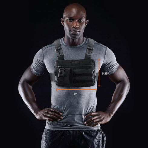 Fitdom Tactical Inspired Sports Utility Chest Pack - EDC Rig Pouch Vest with Built-In Phone Holder for Workouts