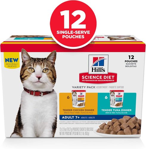 7+ Pack, 2.8 oz. 12-Pack Hill's Science Diet Adult Wet Cat Food Variety Chicken & Tuna, Pouches