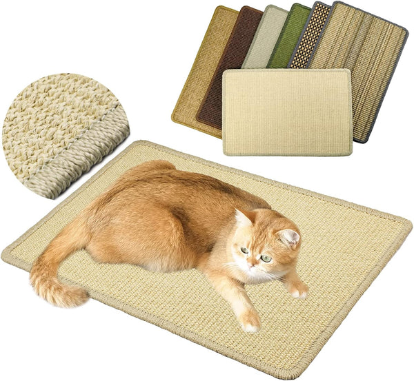 Cat Scratcher Mat, 23.6x15.7” Natural Sisal Scratching Mat with Velcro Tape, Stick on Floor and Wall, Protect Carpet