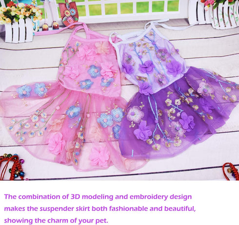 SEIS Flower Lace Dog Dress, Cat Princess Suspender Costume, Puppy Tutu Floral & Bow Clothes for Small Medium Dogs