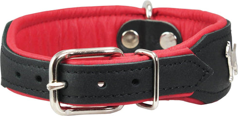 Real Leather Soft Padded Dog Collar, 1.75" Wide for Bull Terrier (13"-15.25" Neck, Black/Red)