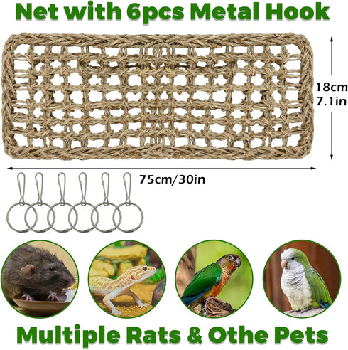 30x7inch Hammock Rat Climbing Toys for Cage, Chewable Natural Seagrass Mat with Metal Hooks, Soft Fall Breakers