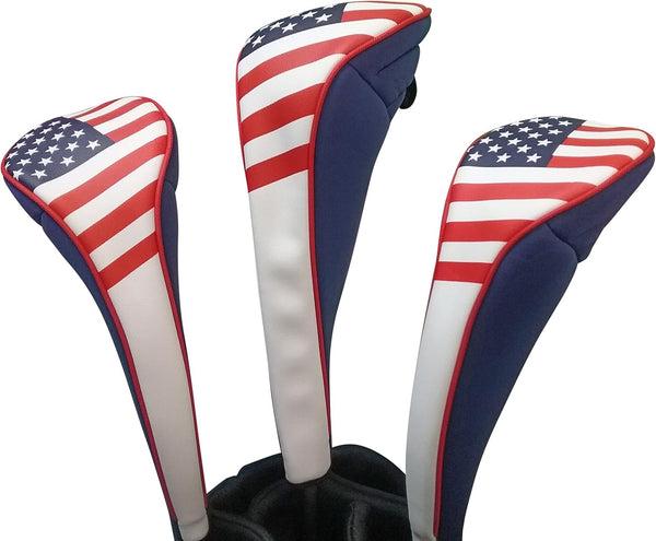 USA Patriot Golf Zipper Head Covers for Driver, 1, 3, 5 Fairway Woods, Neoprene Style, Fits All Clubs