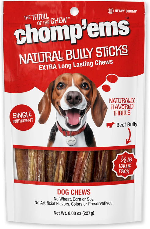 Chomp'ems Naturally Delicious Bully Sticks - Long Lasting No Hide Dog Chews, 8 Oz, No Artificial Additives