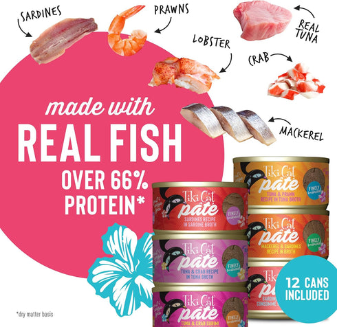 Tiki Cat Grill Pâté Variety Pack, Real Flaked Fish, Wet High-Protein Cat Food - 2.8 oz. Cans (Pack of 12)