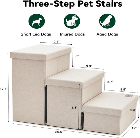Love's Cabin 3-Step Dog Stairs with Storage, Adjustable Foldable Ramp for Small Medium Large Dogs, Beige