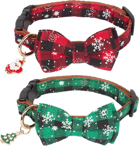 ADOGGYGO Christmas Dog Collar with Bow Tie, Adjustable Red Green Plaid Collar for Small Dogs.