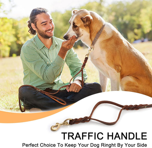 Guiding Star 6ft Double Handle Leather Dog Leash, Heavy Duty Braided for Small Medium & Large Dogs, Brown