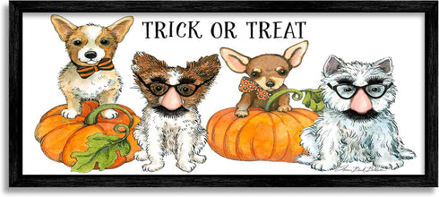Stupell Industries Trick or Treat Festive Pet Dogs Halloween Outfits, Black Framed Wall Art, 10 x 24, Orange