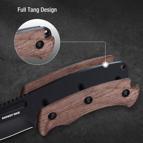 Mossy Oak Fixed Blade Knife with Sheath, Full-tang Stainless Steel Blade, Outdoor Knives for Camping, Hiking (Wood