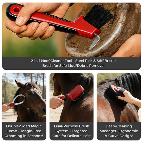 Amouu 9-Piece SteadyRide Pro - Professional Horse Grooming Kit - Stable-Ready Hanging Bag with Ergonomic Pro-Grip