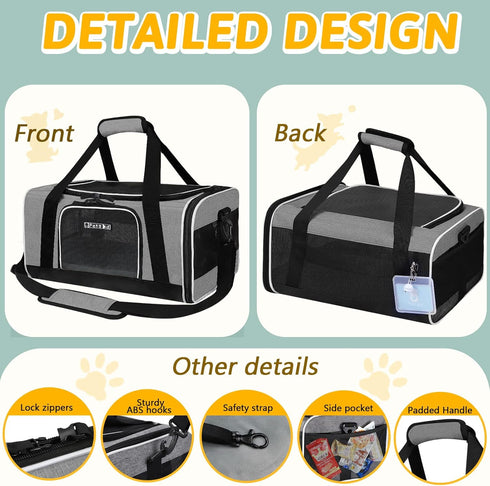 Petskd Pet Carrier 17x11x9.5, Alaska Airline Approved Travel Bag for Small Cats and Dogs, Grey
