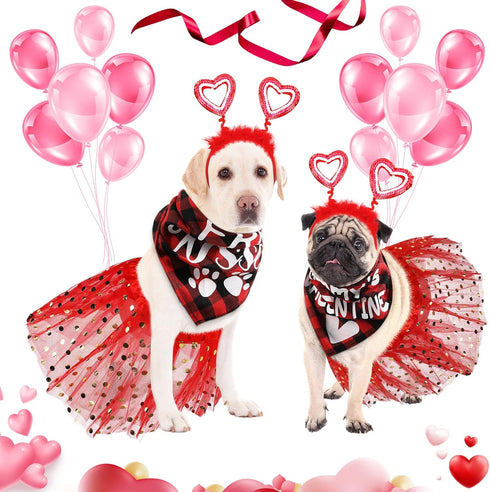 6 Pcs Valentine's Day Dog Costume Set, Including 2 Pcs Red Heart Headband, 2 Pcs Buffalo Plaid Bandana